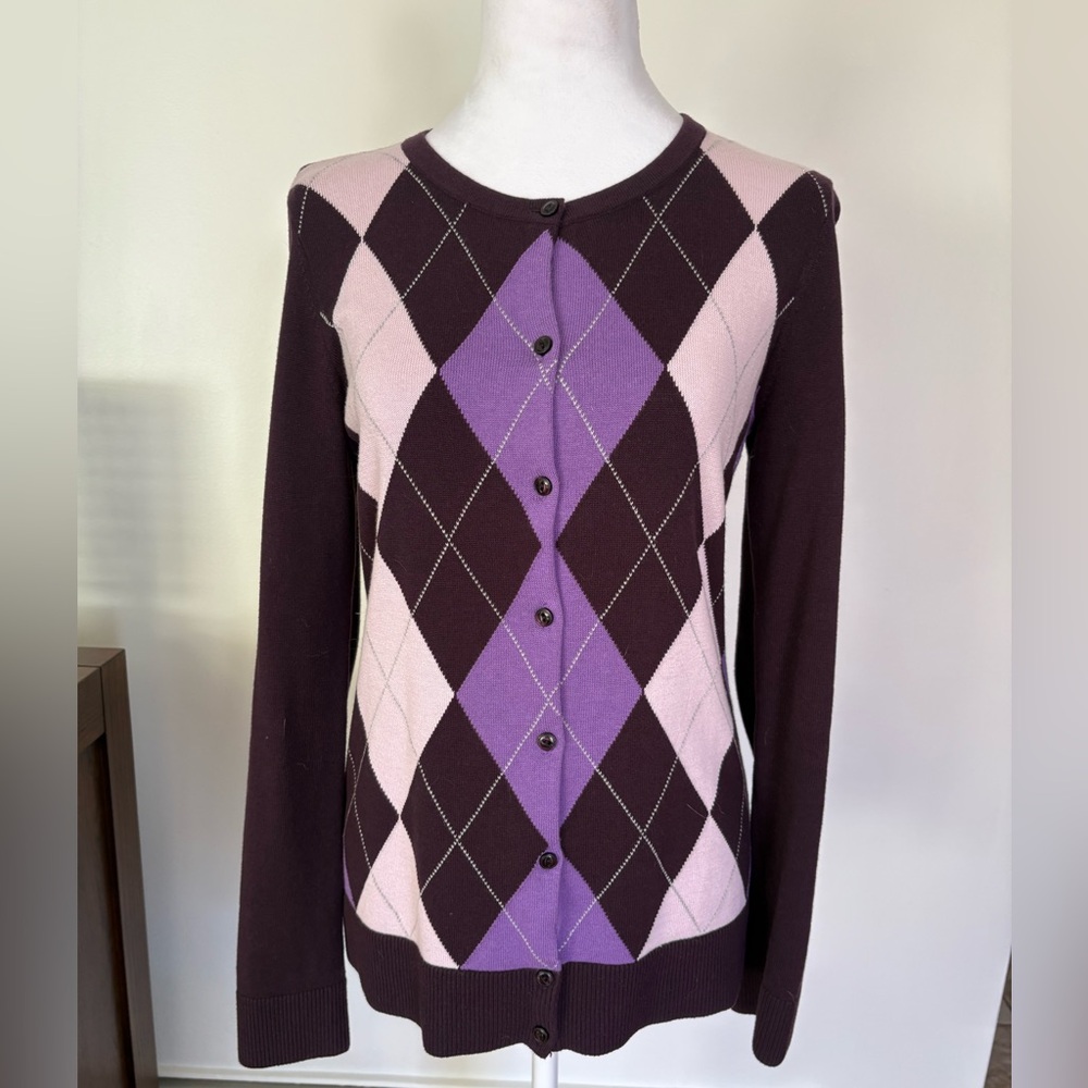 🎾LOFT Purple and Pink Argyle Cardigan - Picture 2 of 7